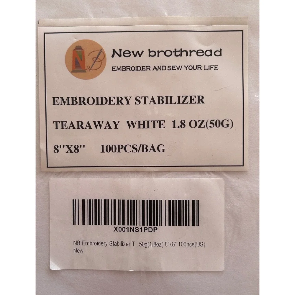 New Brothread Embroidery Stabilizer Tearaway 8x8 White New Crafting‎ Vintage